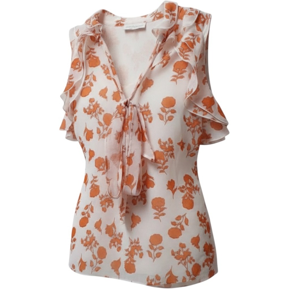 Gibson Latimer Orange White Floral Cold Shoulder Ruffle Tie Neck Blouse M